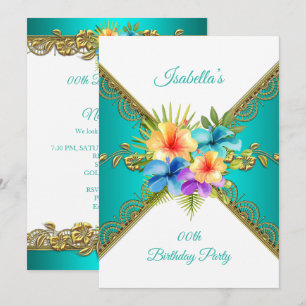 Any age Birthday Party teal blue gold white Floral Invitation