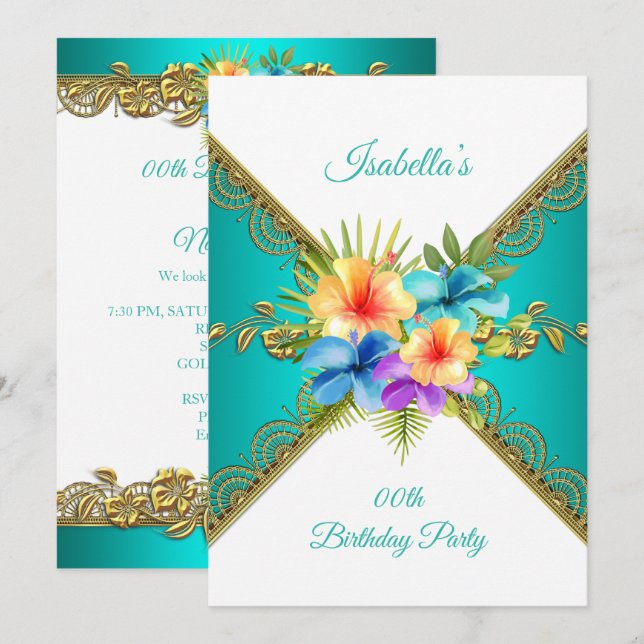Any age Birthday Party teal blue gold white Floral Invitation (Front/Back)