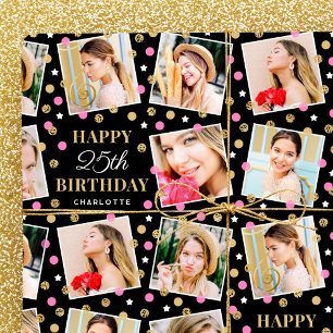 Any Age Birthday Photo Collage Pink 25th Wrapping Paper