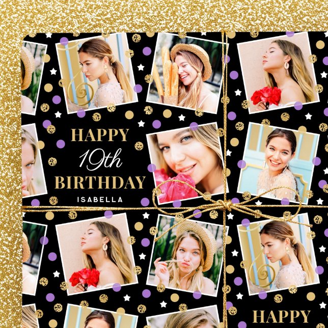 Any Age Birthday Photo Collage Purple 19th Wrapping Paper (Creator Uploaded)