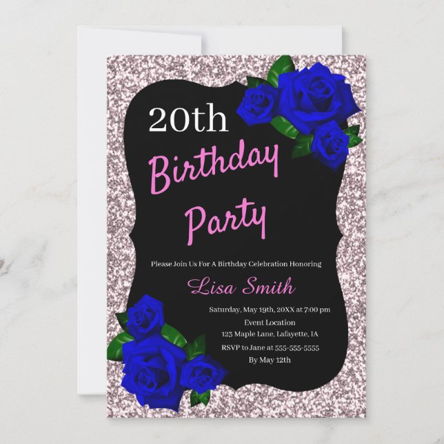 Any Age Birthday Pink Glitter Deep Blue Roses Invitation (Front)