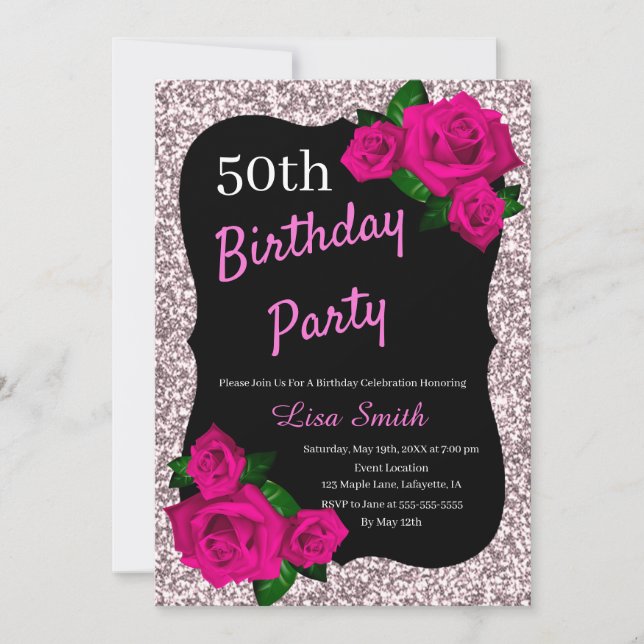 Any Age Birthday Pink Glitter Pink Roses Invitation (Front)