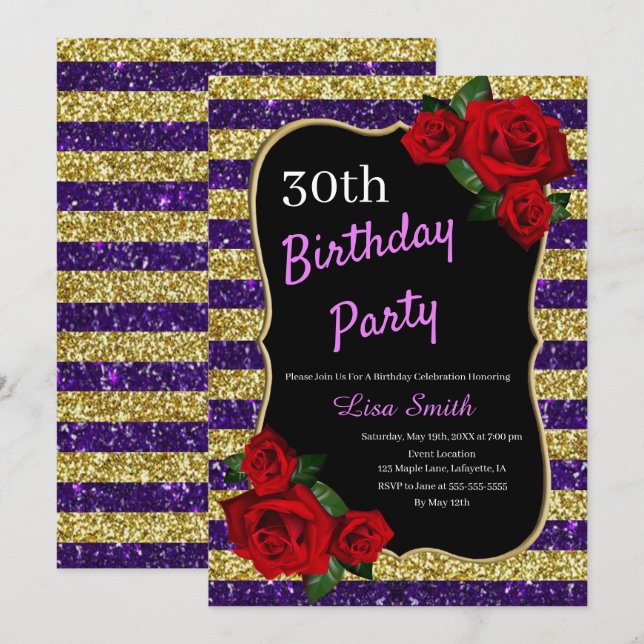 Any Age Birthday Purple And Gold Glitter Red Roses Invitation (Front/Back)