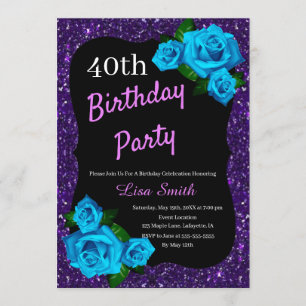 Any Age Birthday Purple Glitter Blue Roses Invitation