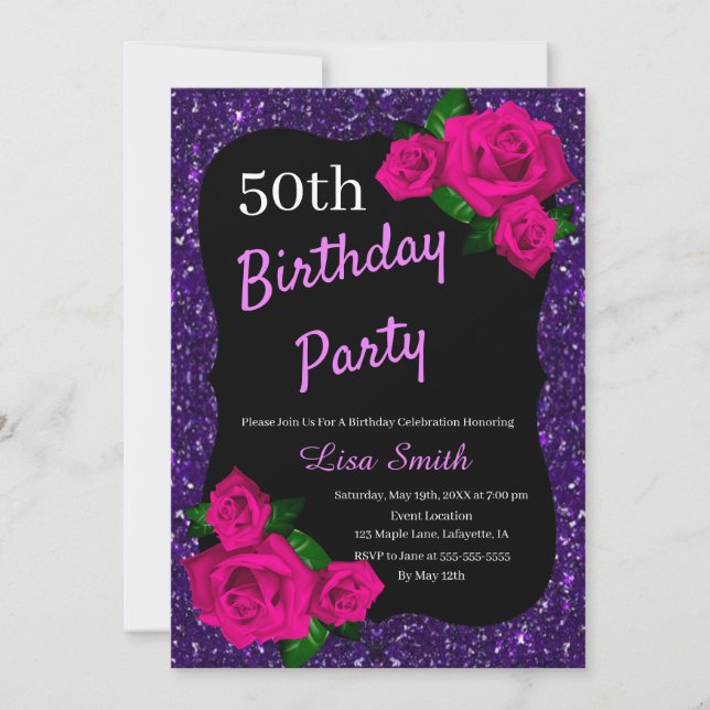 Any Age Birthday Purple Glitter Pink Roses Invitation (Front)