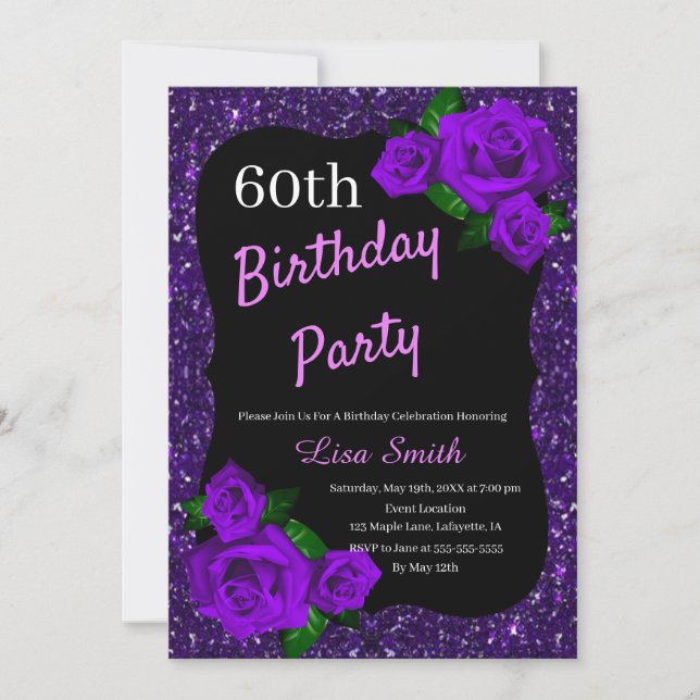Any Age Birthday Purple Glitter Purple Roses Invitation (Front)
