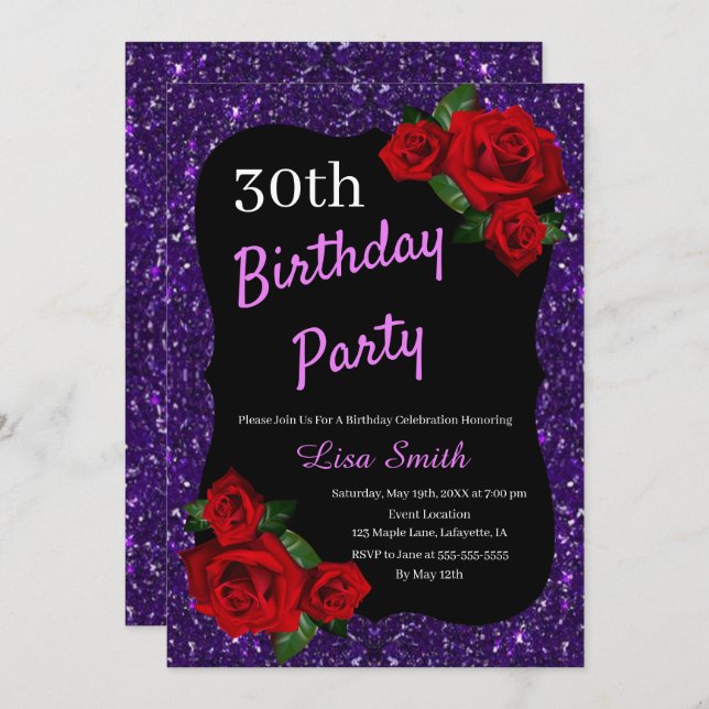 Any Age Birthday Purple Glitter Red Roses Invitation (Front/Back)