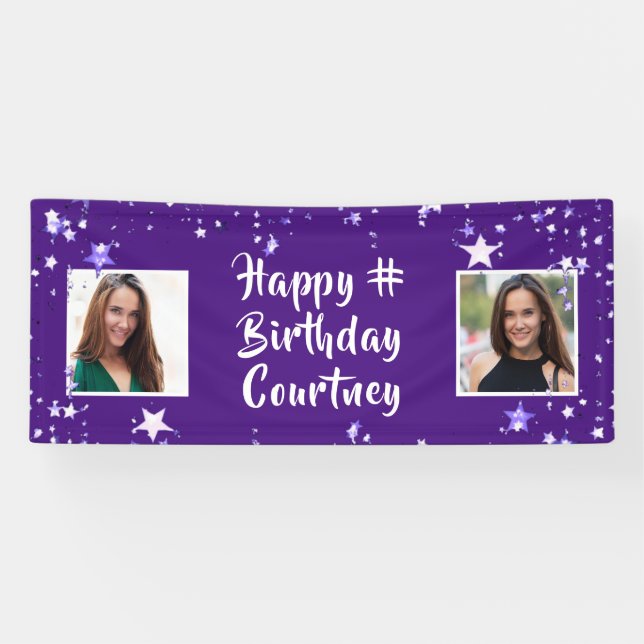 Any Age Birthday Purple Stars Brush Script Photo Banner (Horizontal)