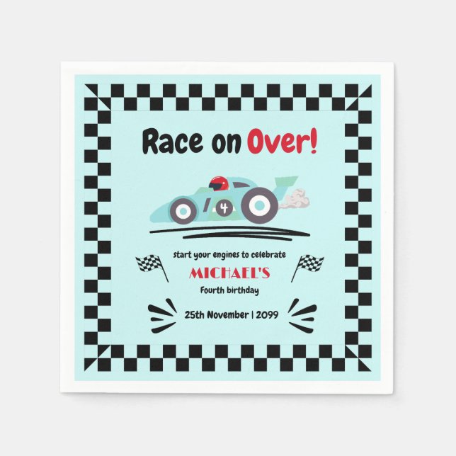 Any Age Birthday Race on Over Blue Race Car Napkin (Front)