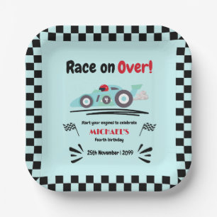 Any Age Birthday Race on Over Blue Race Car Paper Plate