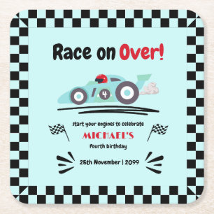Any Age Birthday Race on Over Blue Race Car Square Paper Coaster