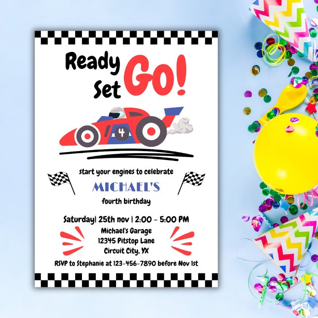 Any Age Birthday Race On Over Red Blue Race Car Invitation (Creator Uploaded)