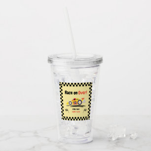 Any Age Birthday Race on Over Yellow Race Car Acrylic Tumbler