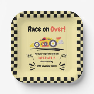 Any Age Birthday Race on Over Yellow Race Car Paper Plate