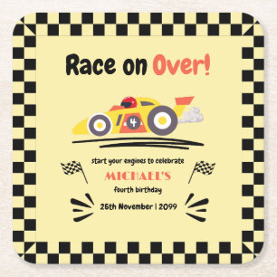 Any Age Birthday Race on Over Yellow Race Car Square Paper Coaster