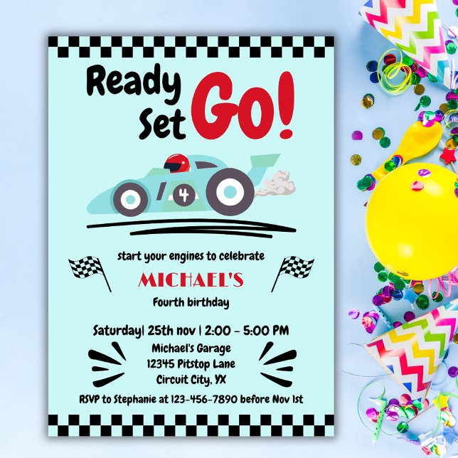 Any Age Birthday Ready Set Go Blue Race Car Invitation (Creator Uploaded)