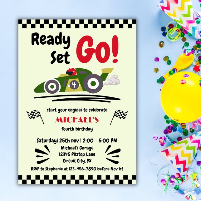 Any Age Birthday Ready Set Go Green Race Car Invitation (Creator Uploaded)