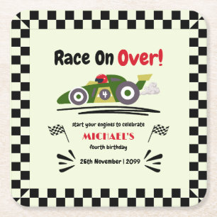 Any Age Birthday Ready Set Go Green Race Car Square Paper Coaster