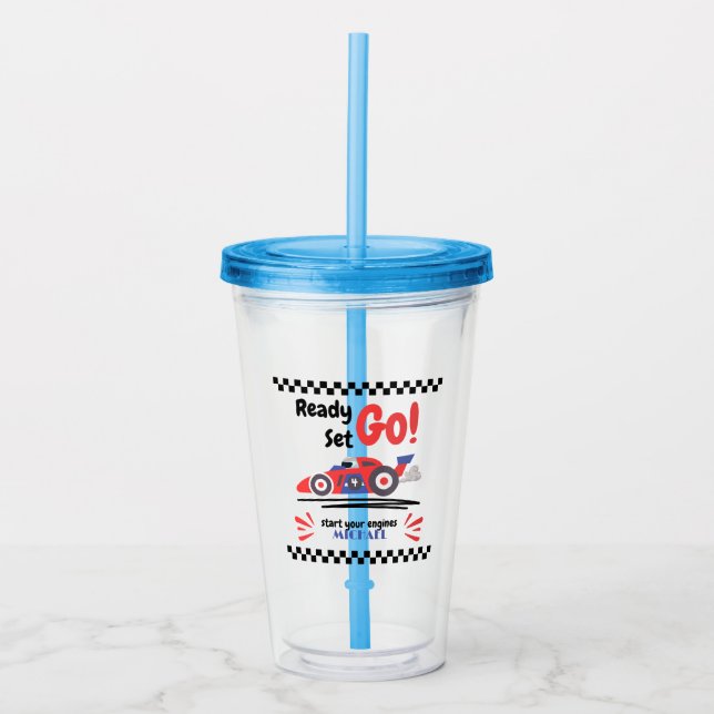 Any Age Birthday Ready Set Go Red Blue Race Car Acrylic Tumbler (Front)
