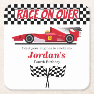 Any Age Birthday Red Formula Car Race on Over Square Paper Coaster