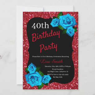 Any Age Birthday Red Glitter Blue Roses Invitation