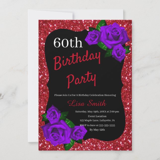 Any Age Birthday Red Glitter Purple Roses Invitation (Front)
