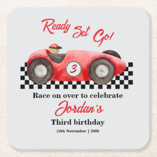 Any Age Birthday Red Race Car Ready Set Go  Square Paper Coaster