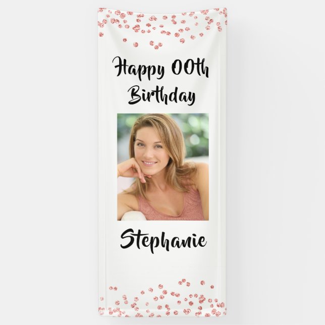 ANY AGE Birthday Rose Gold Confetti Script Photo Banner (Vertical)