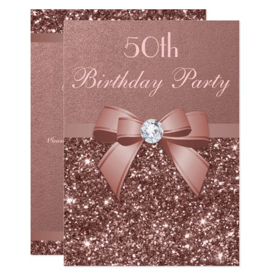 Any Age Birthday Rose Gold Glitter Diamond Bow Invitation