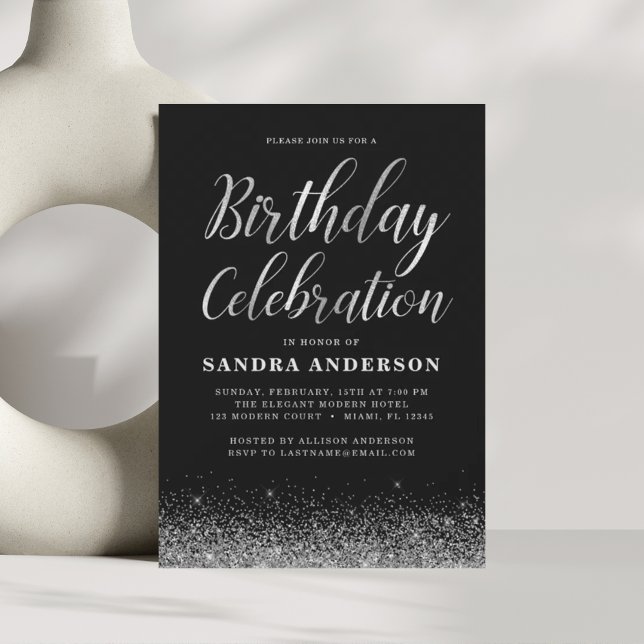 Any Age Birthday Silver Black Modern Glitter Invitation (Creator Uploaded)