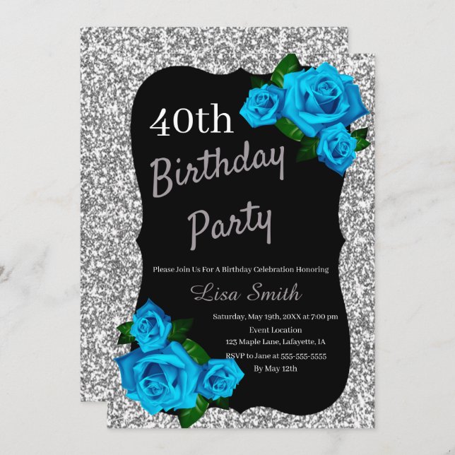 Any Age Birthday Silver Glitter Blue Roses Invitation (Front/Back)