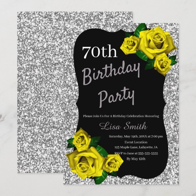 Any Age Birthday Silver Glitter Yellow Roses Invitation (Front/Back)