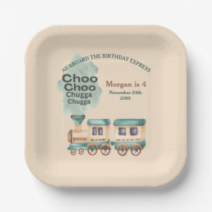 Any Age Birthday Train Party All Aboard Watercolor Paper Plate