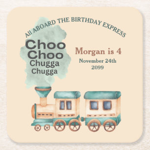 Any Age Birthday Train Party All Aboard Watercolor Square Paper Coaster