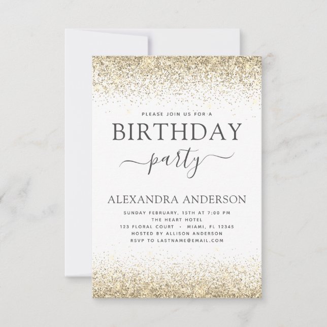 Any Age Birthday White Gold Glitter Modern Invitation (Front)