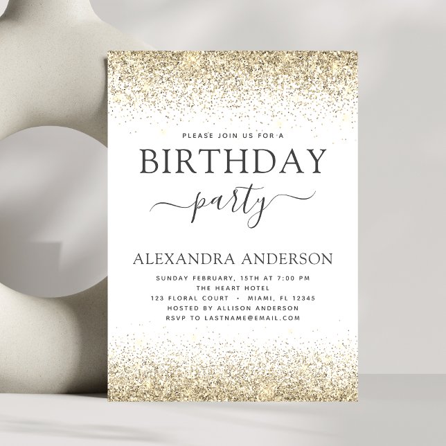 Any Age Birthday White Gold Glitter Modern Invitation (Creator Uploaded)