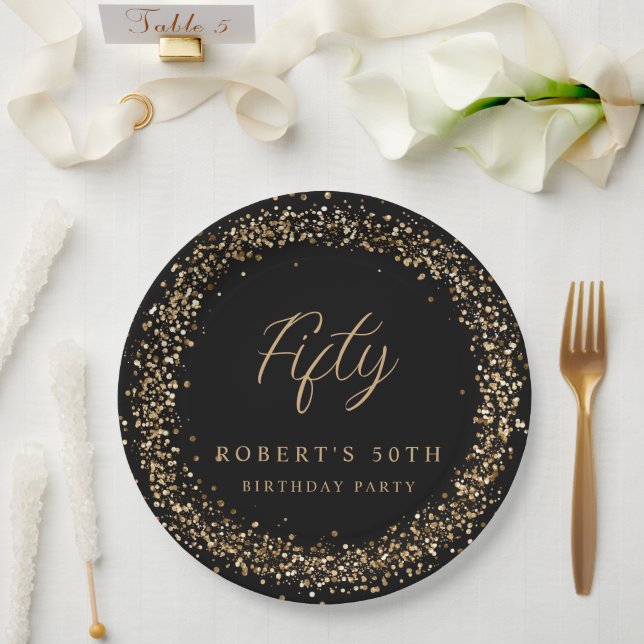 Any Age Black Gold Glitter Birthday Party Paper Plate (Wedding)