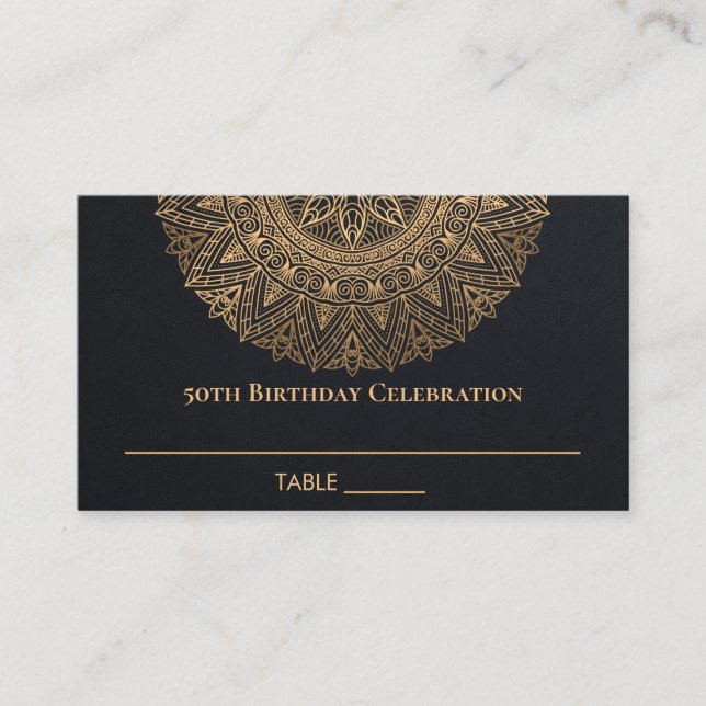 ANY AGE BLACK GOLD ORNATE MANDALA 50TH BIRTHDAY PLACE CARD (Front)