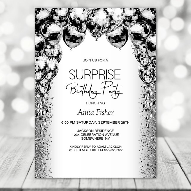  Any Age Black White Balloons Surprise Birthday Invitation (Creator Uploaded)