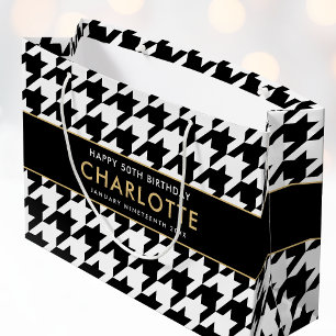 Any Age Black White Big Houndstooth Happy Birthday Large Gift Bag