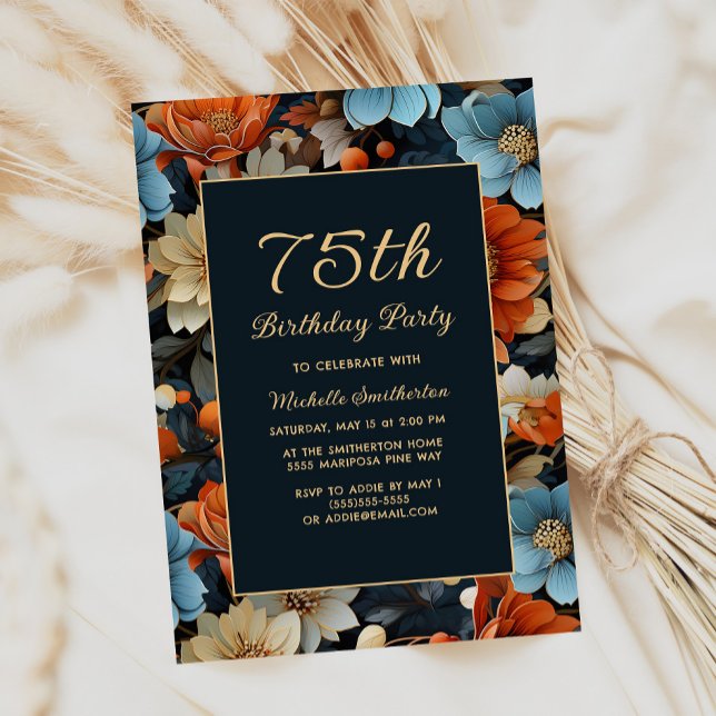 Any Age Blue Orange Flowers 75th Birthday Invitation (Blue and orange floral 75th birthday party invitation)