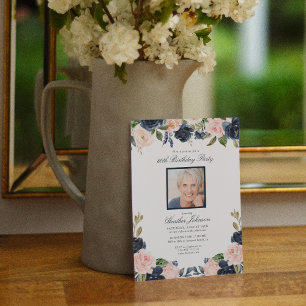 Any Age Blue Pink Floral Photo Birthday Party Invitation