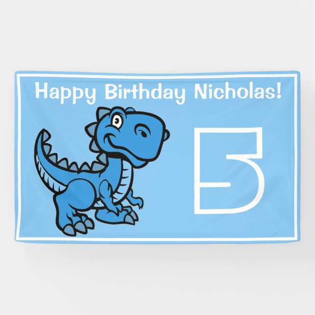 Any Age Blue T Rex Dinosaur Birthday Banner (Horizontal)
