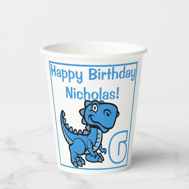 Any Age Blue T Rex Dinosaur Birthday Paper Cups (Front)