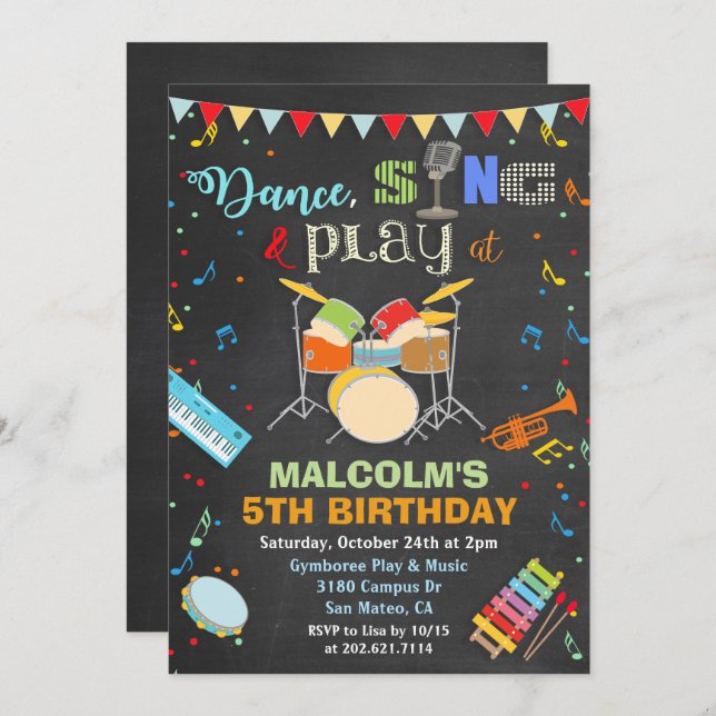 ANY AGE - Boy Music Birthday Chalk Invitation (Front/Back)