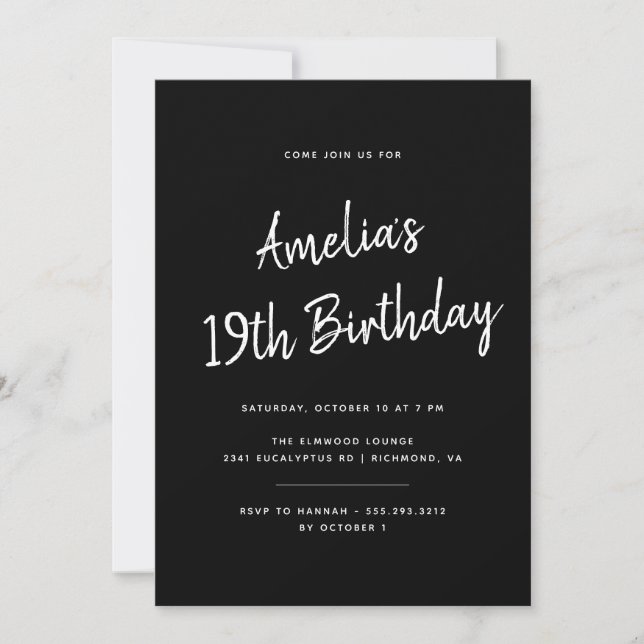 Any Age | Brush Script Modern Black Birthday Invitation (Front)