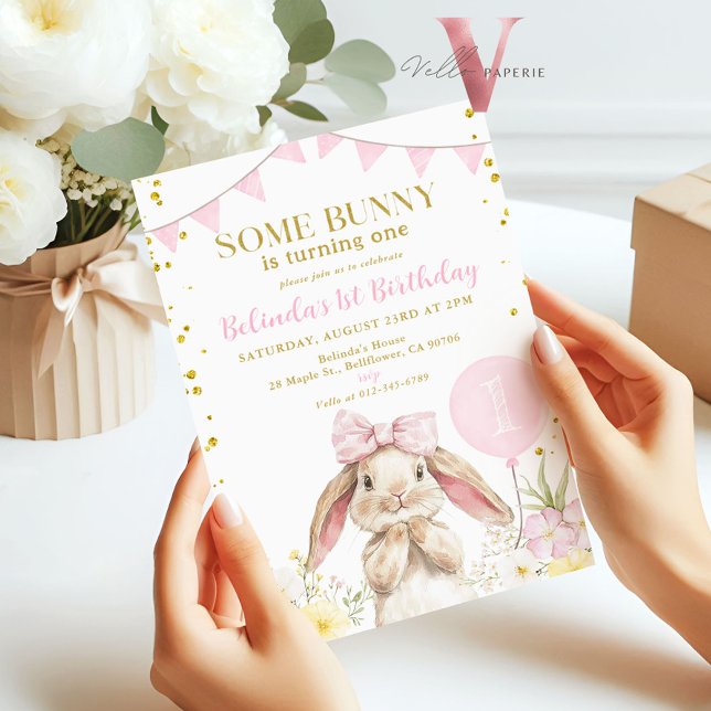 ANY AGE Bunny Pink Watercolor Wildflower Birthday  Invitation (Creator Uploaded)