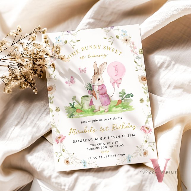 ANY AGE Bunny Pink Watercolor Wildflower Birthday Invitation (Creator Uploaded)