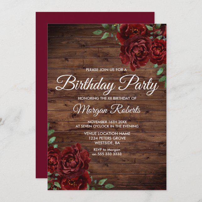Any Age Burgundy Red Rose Rustic Birthday Party Invitation (Front/Back)