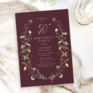 Any Age burgundy Wildflower Boho 50th Birthday  Invitation